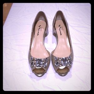 Champagne wedge peep toe shoes